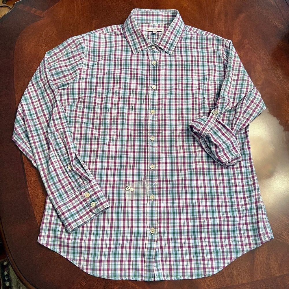 NEW Women's Peter Millar Roll Sleeve Performance Button Up Plaid Shirt Sz LARGE